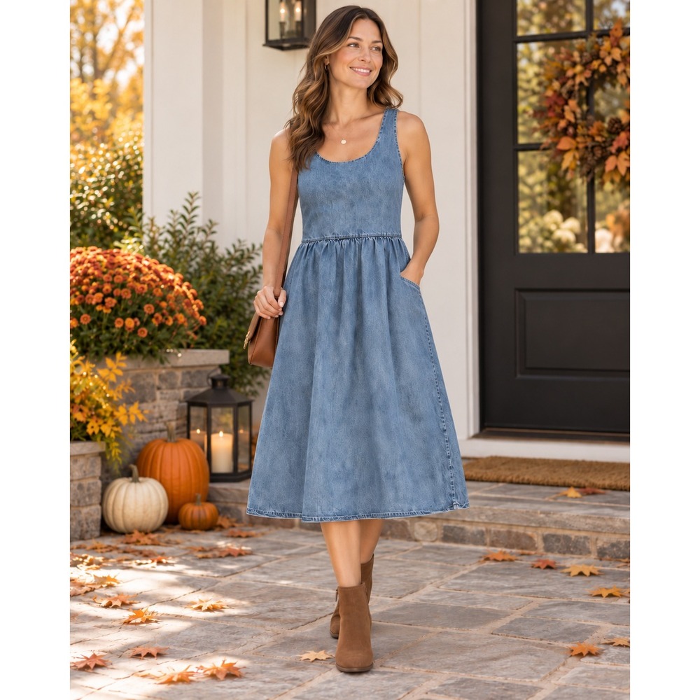 Vintage Denim Jumper Dress Blue Sleeveless Scoop Neck Midi A-Line Medium Pockets